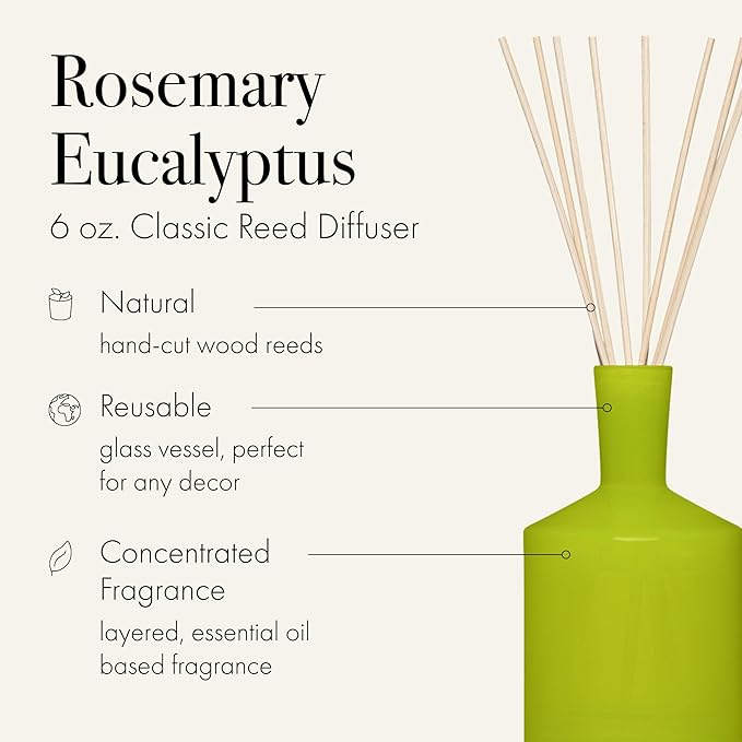 LAFCO New York Classic Reed Diffuser, Rosemary Eucalyptus - 6 oz - Up to 3 Months Fragrance Life - Reusable Glass Vessel - Natural Wood Reeds - Made in The USA