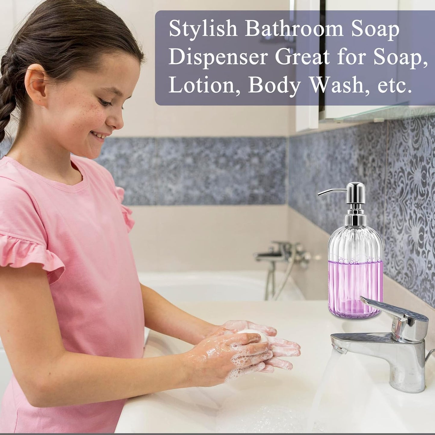 Soap Dispenser - 2 Pack 14 Oz Glass Soap Dispenser with Rust Proof Stainless Steel Pump, Refillable Liquid Bottle Dispenser, Premium Hand Jar Dispenser for Bathroom, Kitchen, Countertop (Blue)