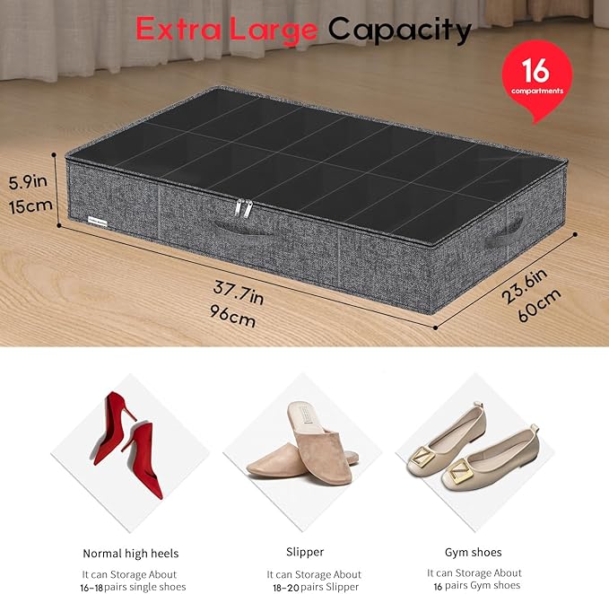 Sturdy Shoes Storage Organizers Boxes Fit 16x2 Pairs, Foldable Shoe Sneaker Container Bin Holder for Closet with Clear Cover, 37.8"x23.6"x5.9", Cotton-like Black, ZMXBUBS16P2
