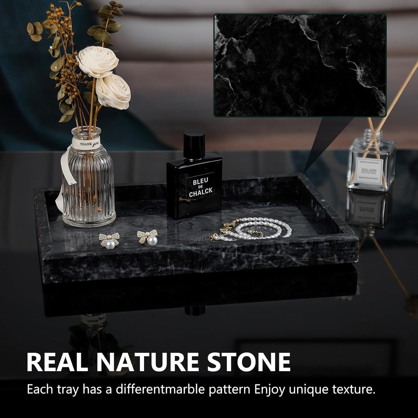Real Natural Marble Tray for Bathroom, Vanity, Kitchen and Desktop, Rectangle Genuine Marble Stone Tray for Jewelry, Cosmetics, Candles, Lotion, Perfume and Home Decor Black