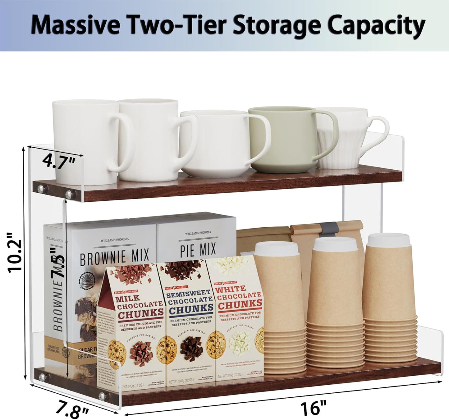 2 Tier Acrylic Coffee Station Organizer Countertop, Kitchen Counter Holder for Tea Bags Mugs Cups Syrup Sugar Spice, Condiment Storage Rack, Multifunctional Shelf Organizer for Coffee Bar Accessories