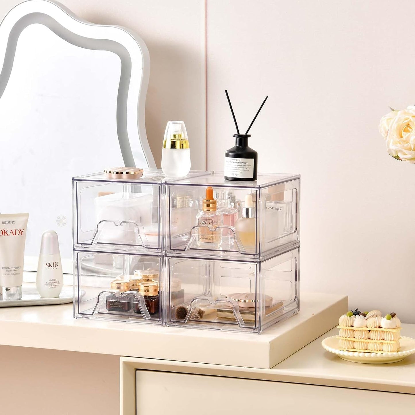 4 Pack Stackable Makeup Organizer, 4.4'' Tall Acrylic Bathroom Makeup Organizer and Storage Drawer with Pull-out Handle, Clear Plastic Storage Bins for Vanity,Pantry,Desk,Undersink,Kitchen