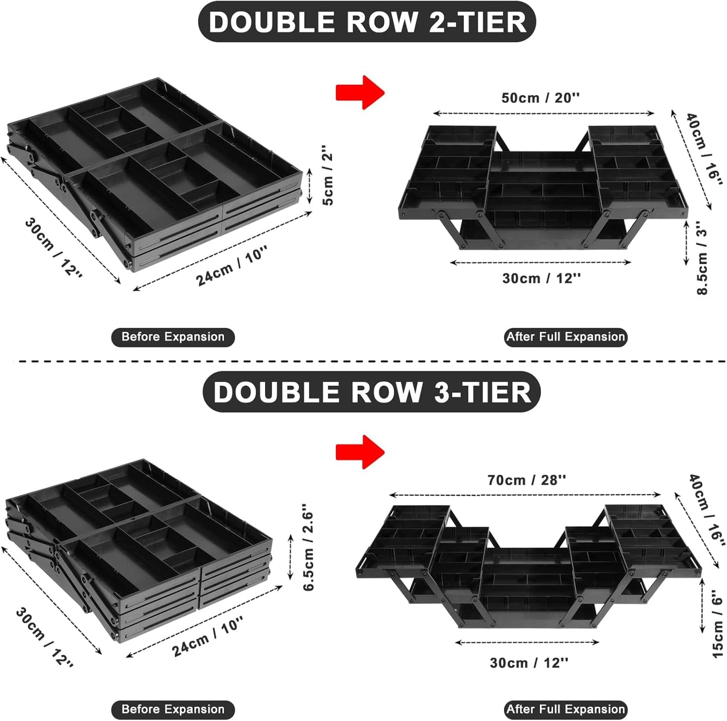 Aobiono Multi Level Smart Drawer Organizer, Multi Tier Expandable Storage Collapsible Foldable Trays for Jewelry, Cosmetics, Makeup, Tools, Battery (Black, Double Row - 2 Levels)