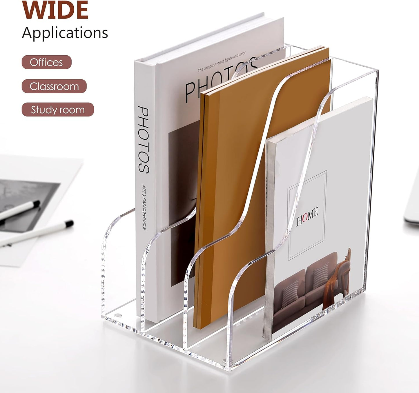 SANRUI Acrylic File Organizer, Compact Desk Organizer for Folders, Binders, Notebooks, Envelopes, Clear Magazine File Holder, 3 Section Bookshelf for School Home Office Organization, A4 Size