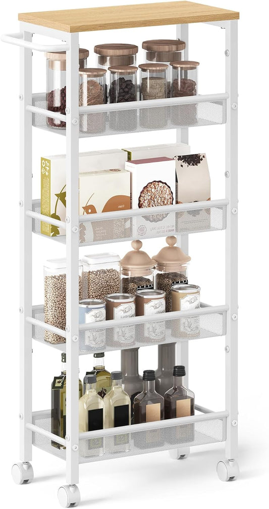VASAGLE Slim Rolling Cart, 5-Tier Storage Cart, Narrow Cart with Handle, 8.7 Inches Deep, Metal Frame, for Kitchen, Dining Room, Living Room, Home Office, Oak Beige and Classic White ULRC035W09