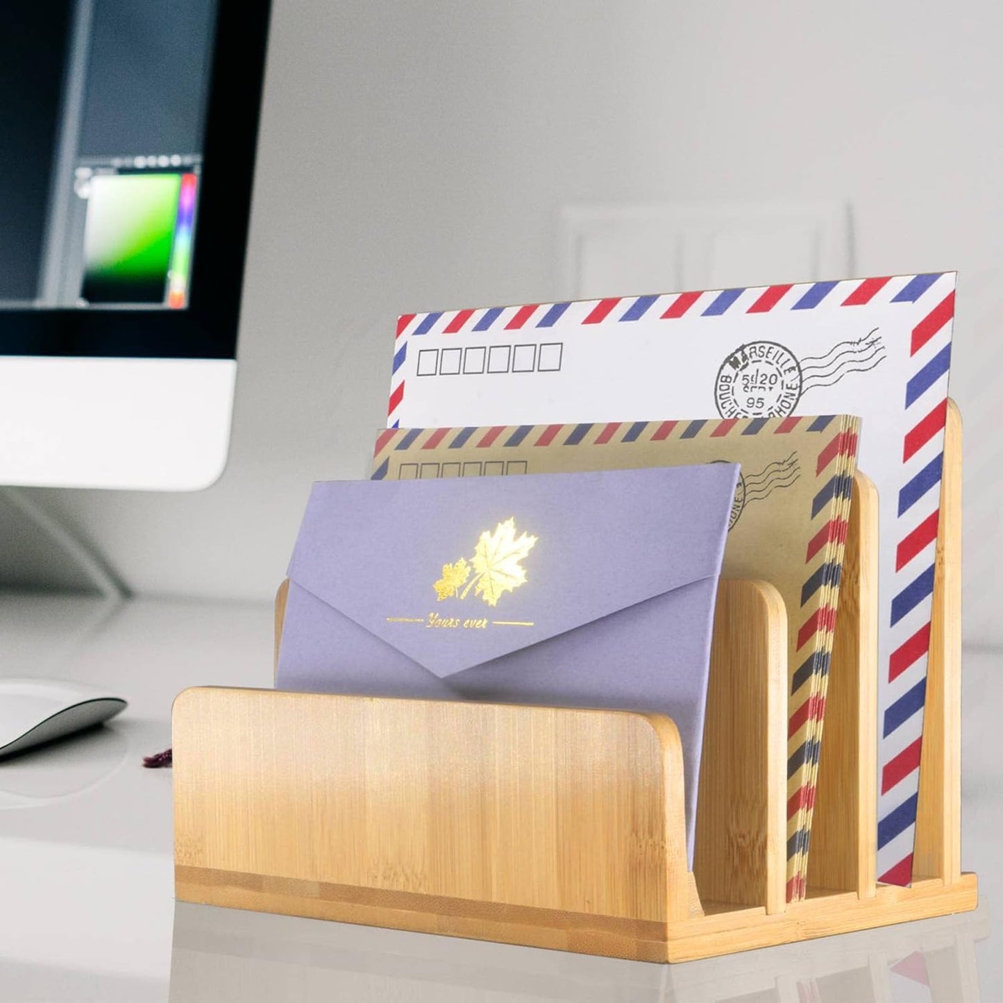 Desk File Mail Organizer Countertop Mail Sorters, Bamboo Desktop Mail Holder 3 Slots, Wood File Paper Holder for Letter Envelope Filing Cell Phone, Organizer Tray for Office & Home