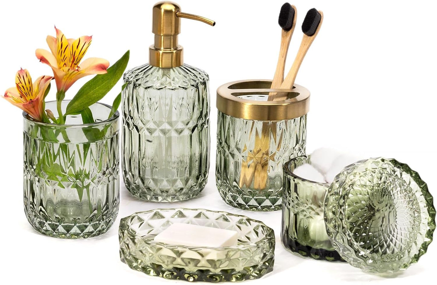 EMPO 6PCS Bathroom Clear Glass Accessories Set (Lotion Soap Dispenser, Soap Dish, Toothbrush Holder, Tumbler, Cotton Swab Jar), Contemporary Modern Decor Crystal Vintage Gift (6pcs Green)