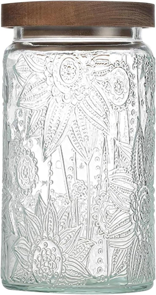 34 OZ Airtight Glass Storage Jar with Bamboo Lid - Vintage Glass Jar Vintage Food Containers Canisters Set for Kitchen Counter & Pantry - Ideal for Sugar, Flour, Coffee, Tea, Candy, Oats, Cereal