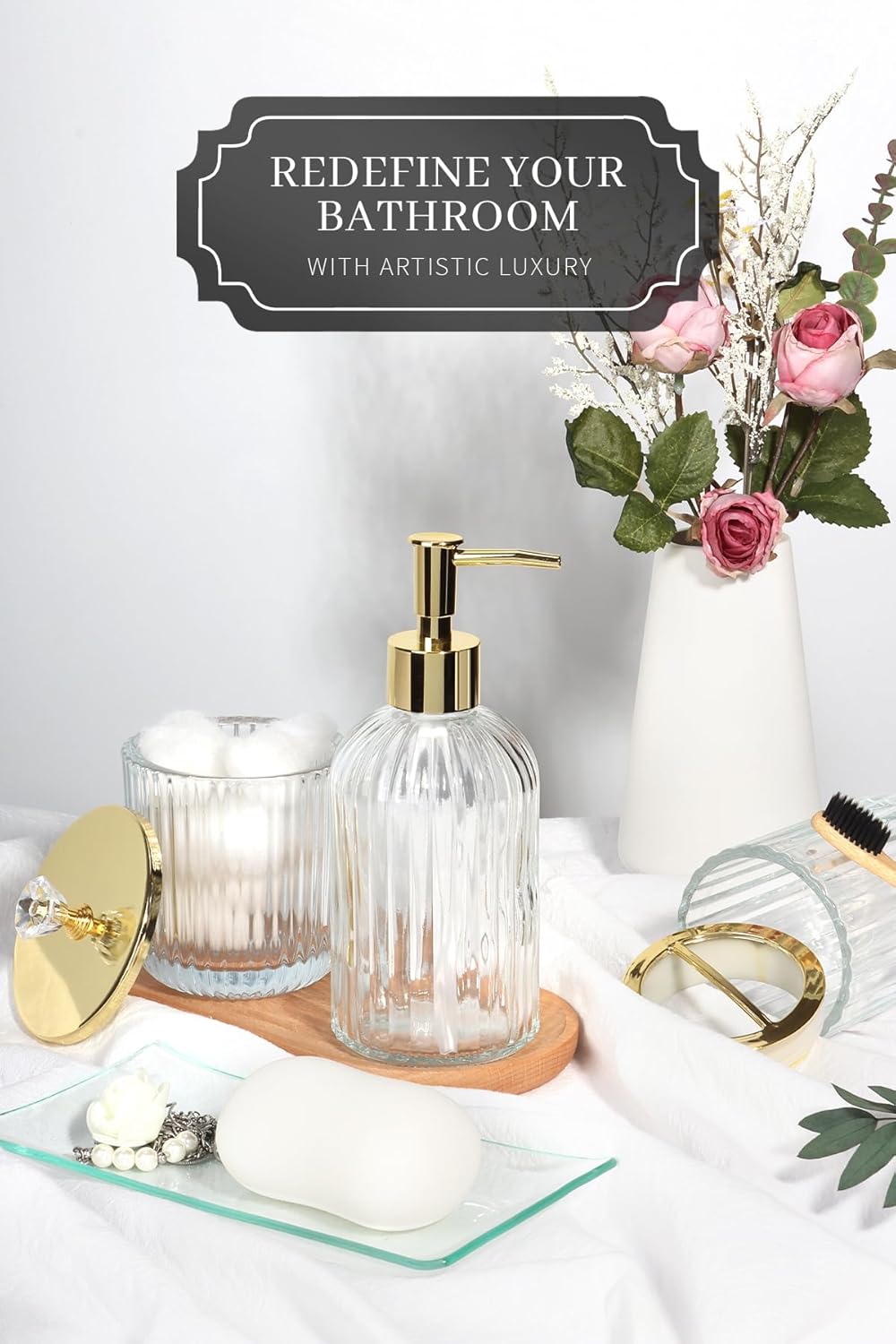 Designer Clear Glass Bathroom Accessories Sets - 4 Pcs with Lotion Soap Dispenser, Bathroom Toothbrush Holder, Vanity Tray, and Apothecary Jar, Vintage Bathroom Decor, Gift Countertop Organizer