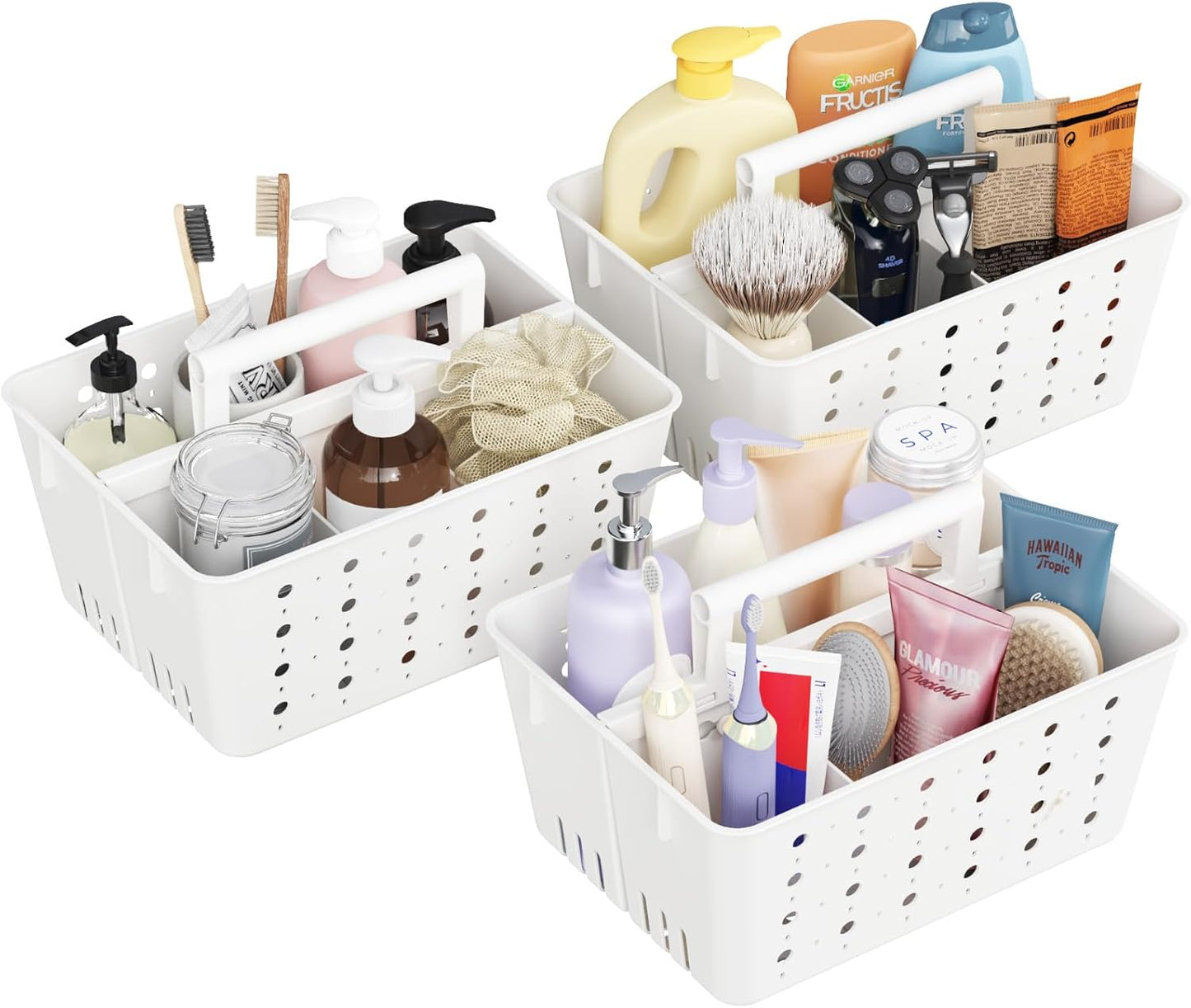 Lifewit Portable Shower Caddy with Handle, 3 Pcs Plastic Shower Caddy Dorm with Holes, Clean Organizer Basket for Bathroom, College, Dorm Room Essentials, White