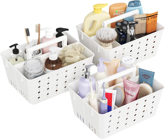 Lifewit Portable Shower Caddy with Handle, 3 Pcs Plastic Shower Caddy Dorm with Holes, Clean Organizer Basket for Bathroom, College, Dorm Room Essentials, White