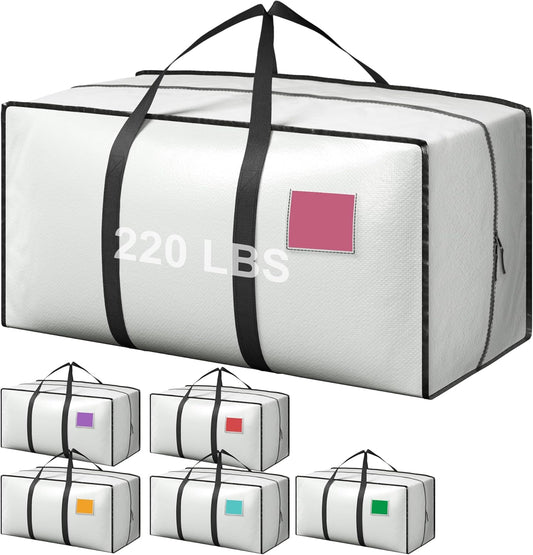 6 Pack Extra Heavy Duty Large Moving Bags with Reinforced Zipper & Wide Handles, Waterproof Storage Bins for Clothes, College Dorm, Travel, and Home Organization, White