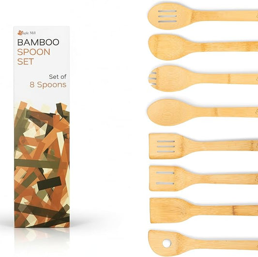 Bamboo Spoons for Cooking - Set of 8 Spoons - Wooden Cooking Spoons - Non-toxic & Organic Bamboo Cooking Utensils with Spoon Set & Spatula - Premium Kitchen Utensils