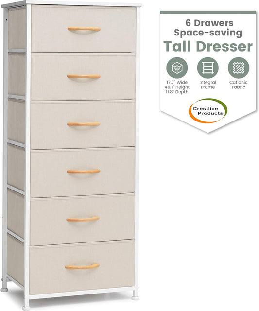 Crestlive Products Tall Dresser for Closet, Vertical Storage Tower - Sturdy Steel Frame, Wood Top, Easy Pull Fabric Bins Handles - Organizer Unit for Bedroom, Hallway, Entryway - 6 Drawers (Beige)