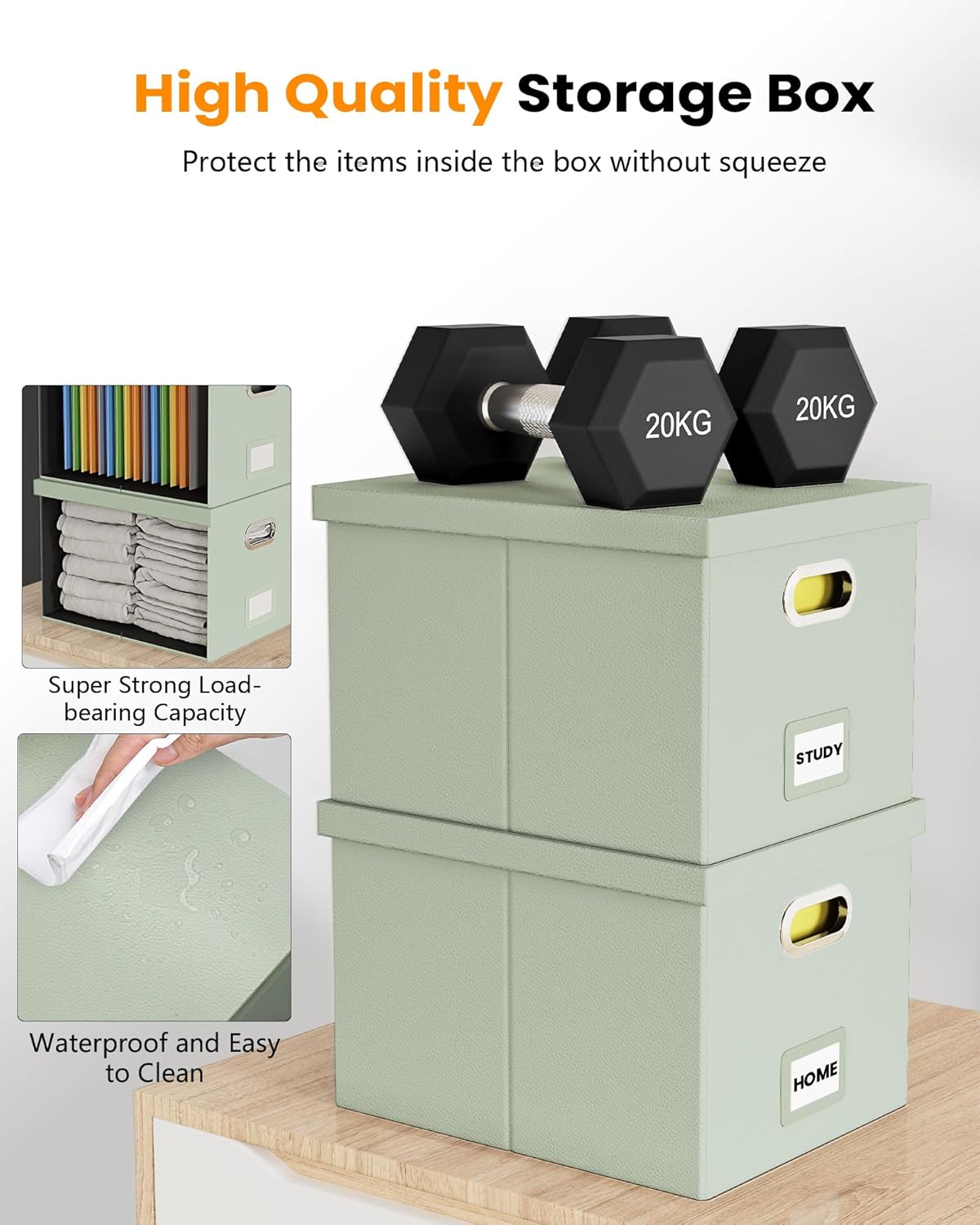 Oterri File Organizer Box,Filing Box with Lid,File Box for Letter/Legal File Folder Storage, Portable Hanging File Box for Office/Decor/Home,1 Pack, Grey-green(Leather),Box only, AM03118