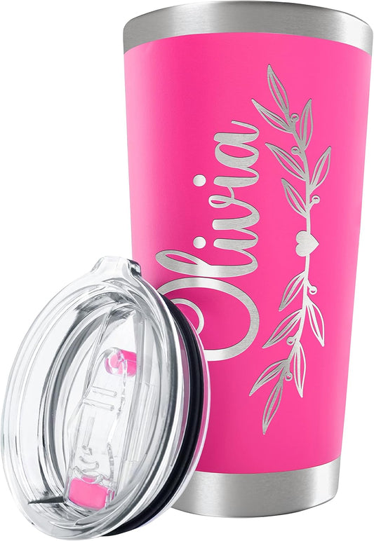 Personalized Tumbler with Engraved Name - 12 Designs, 20 Oz Coffee Tumbler with Slider Lid, Hot Pink, Double Wall Insulated - Custom Gift for Women