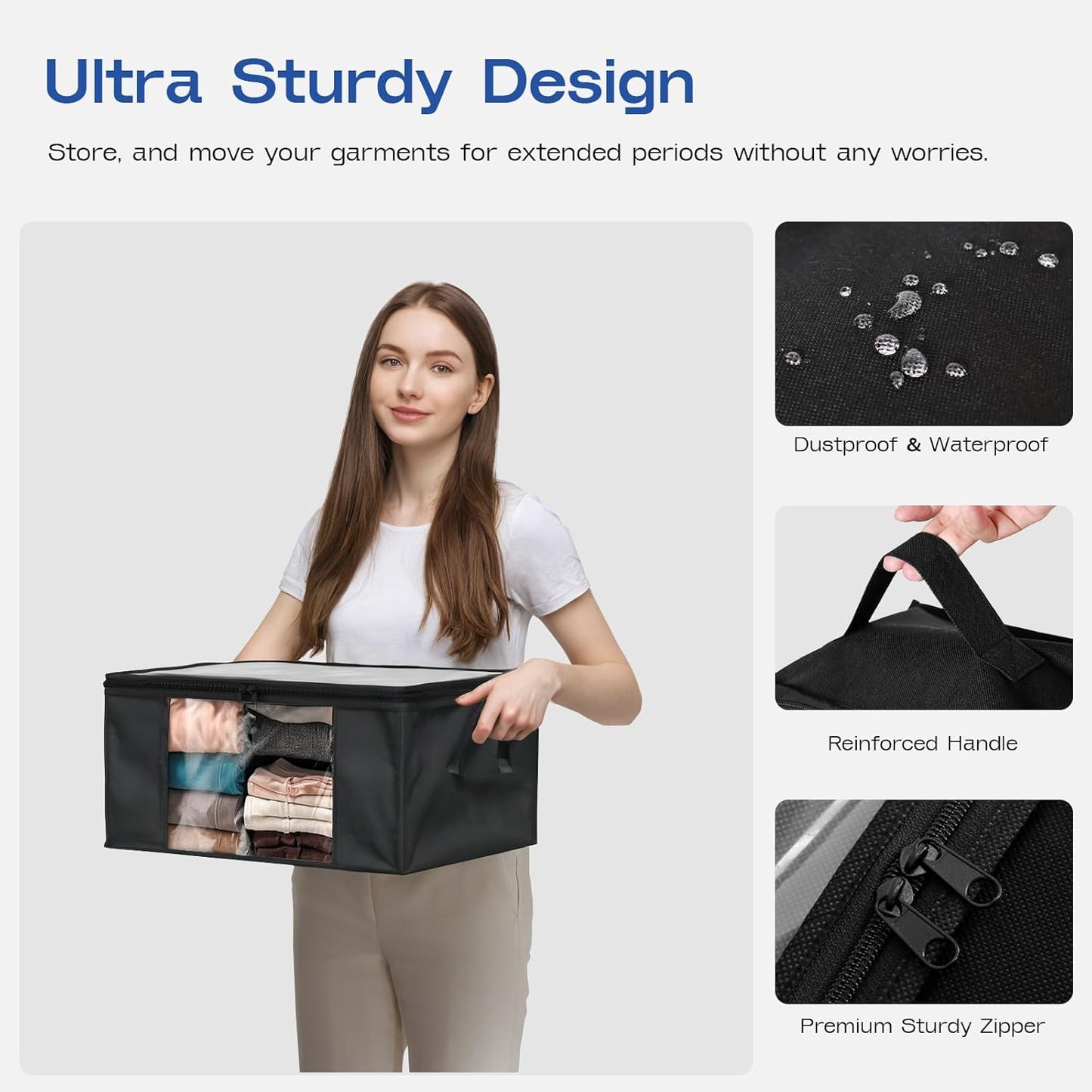 Clothes Storage Bags, Foldable Thick Fabric Blanket Storage Bags, Large Clear Window & Carry Handles, Great for Clothes, Blankets, Closets, Pillows, Toys (Black, 6PACK)