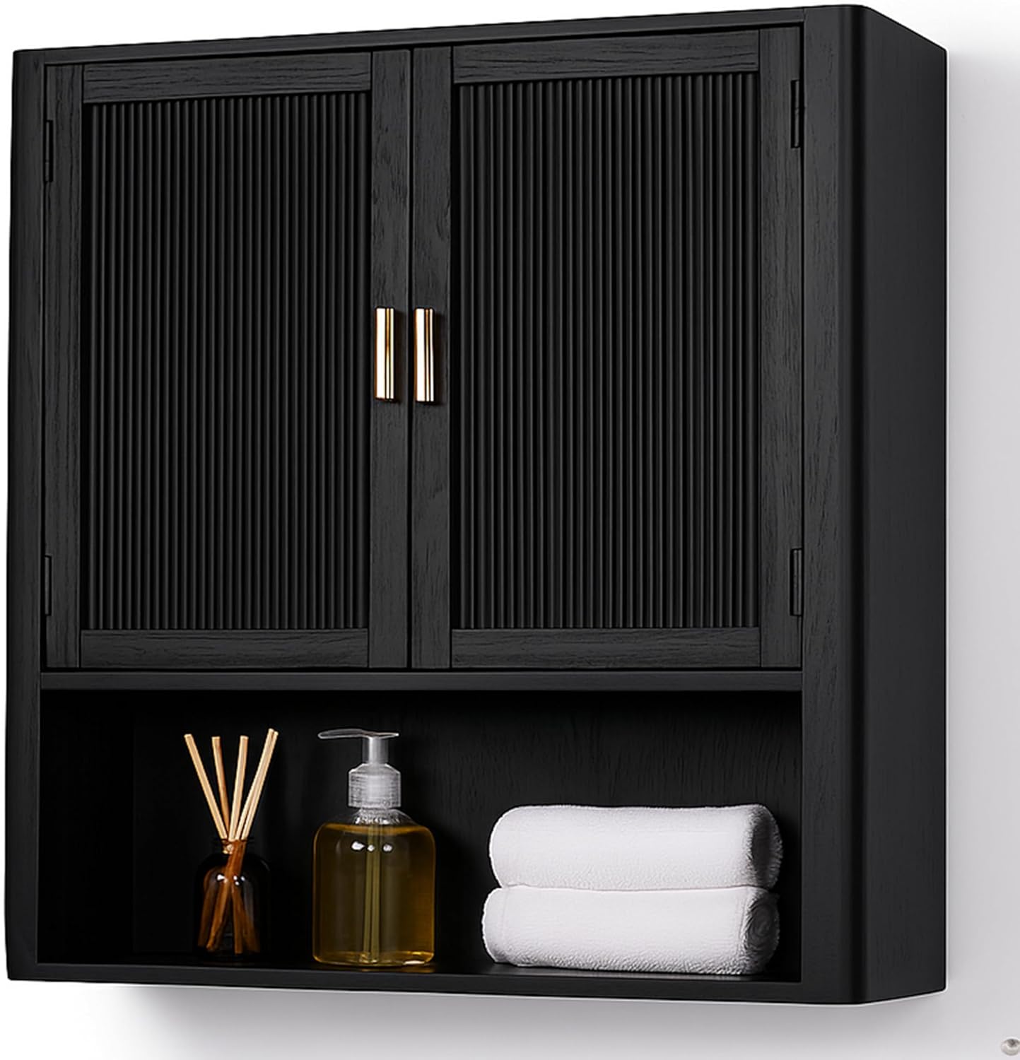 Bathroom Storage Cabinet – Pre-Assembled Wall-Mounted Medicine Cabinet with 2 Doors and Fixed Shelf, Over-The-Toilet Floating Organizer for Bathroom, Living Room, Kitchen, Laundry (Black)