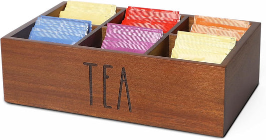 Tea Bag Organizer,Acacia Wood Tea Storage Containers with 6 Compartments, Sugar Packet Holder,Tea Bag Caddy Box for Cabinet Countertop Office (Brown- Labeled "TEA")