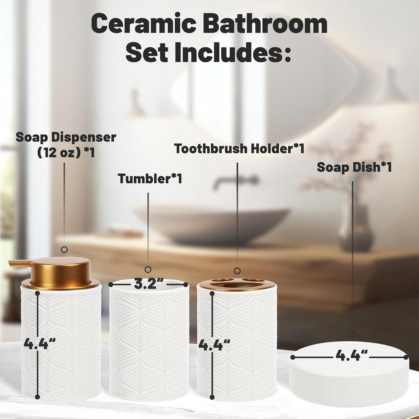 Ceramic Bathroom Accessories Set, 4 Pcs-Includes Lotion Soap Dispenser, Toothbrush Holder, Vanity Tray, and Tumbler, Modern Bathroom Decor Organizer with Soap Dish, Apothecary Jar, White Color