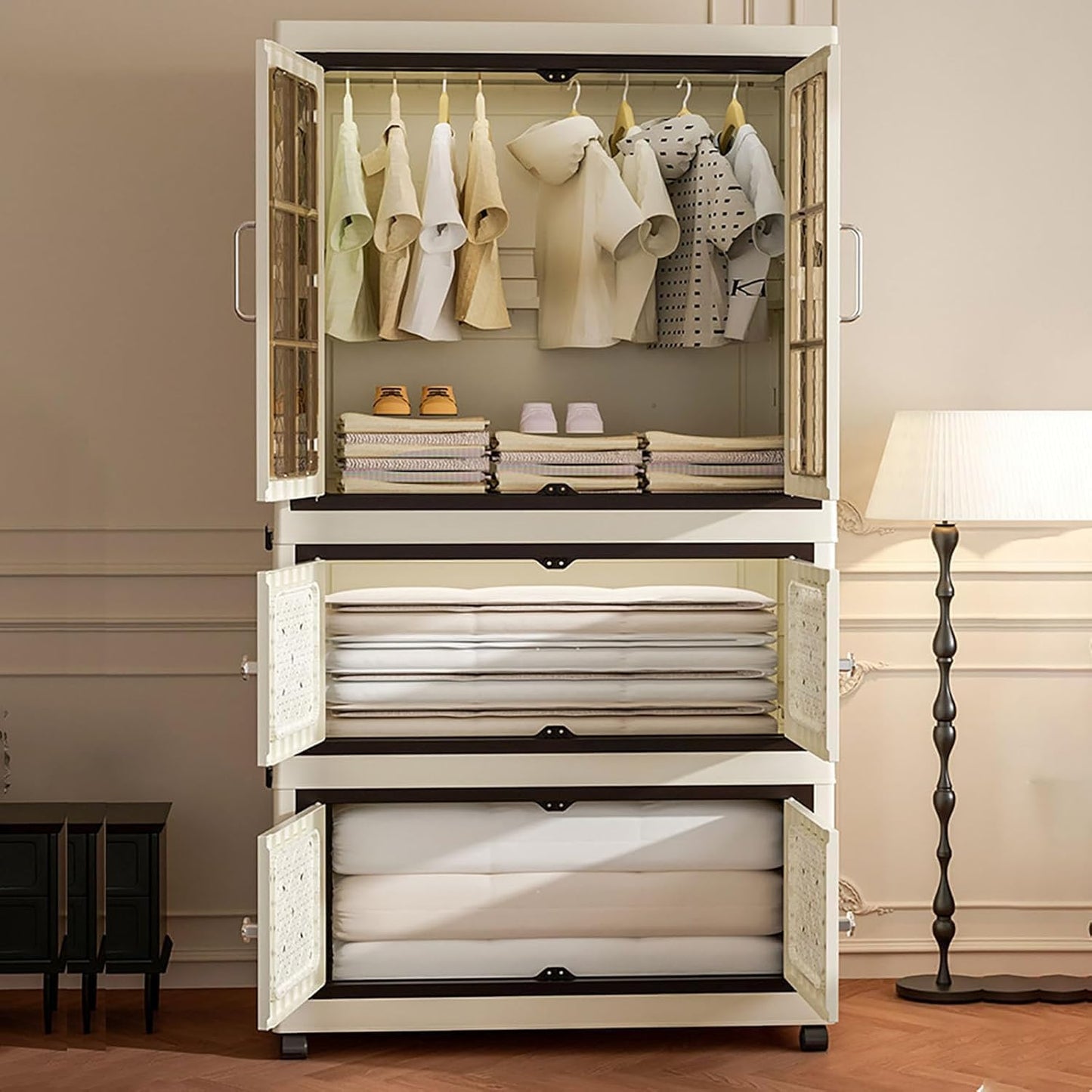 4 Tier Stackable Storage Bins with Lid, Plastic Collapsible Cabinet with Wheels, Large Closet Organizer, Foldable Storage Cabinets for Home and Office (2+1 Transparent Plus)