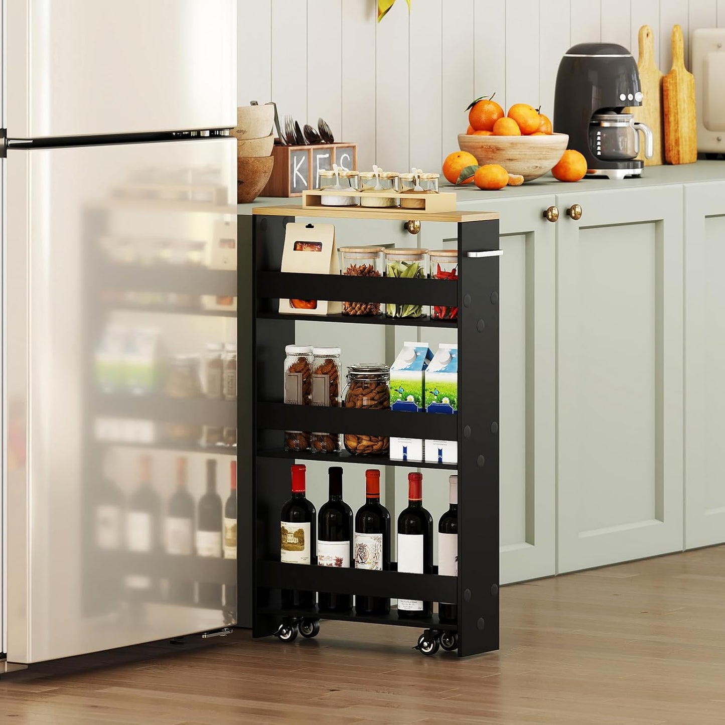 Small Kitchen Cart, 4-Tier Slim Rolling Island w/Handle, Laundry Room Storage Organizers Between Washer and Dryer, Narrow Spice Rack on Wheels Next to Fridge (Black, 5'')