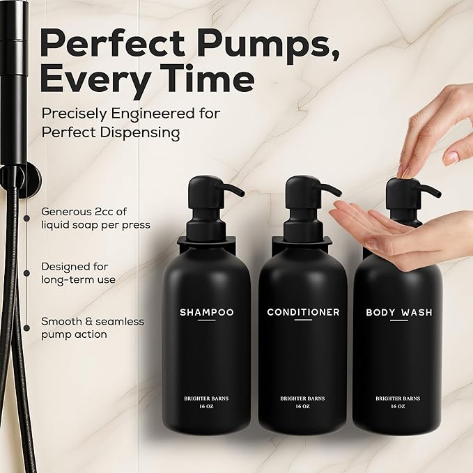 Black Shampoo and Conditioner Dispenser Set Wall Mounted by Brighter Barns - 3 Chamber No Drill Shampoo Bottles for Shower Wall - Refillable Plastic Shower Soap Dispenser for Airbnb, RV, Hotel (Black)