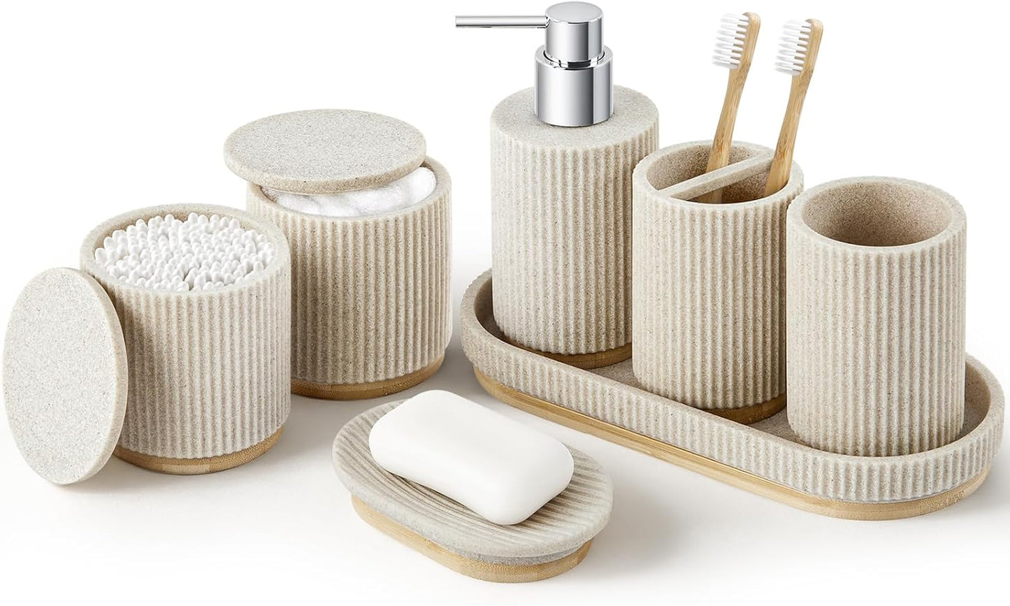 Bathroom Accessories Set, 7PCS Resin Bathroom Set with Bamboo Base, with Soap Dispenser, Q-tip Holder, Toothbrush Holder, Tumbler, Soap Dish, Vanity Tray, Complete Bathroom Set for Modern Decor,Beige
