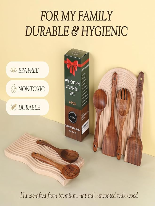 100% Natural Teak Wood Wooden Utensil Set – 6 Pcs Durable Kitchen Spoons for Cooking – Non-Stick & Heat Resistant, Eco-Friendly & Comfortable Grip