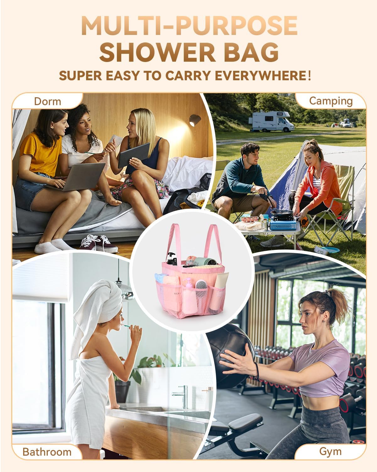 Temede Mesh Shower Caddy Tote, Large Shower Caddy Basket Portable, Quick Dry Hanging Toiletry Bag, 8 Storage Pocket Bath Organizer for College Dorm, Gym, Camp, Travel (Pink)