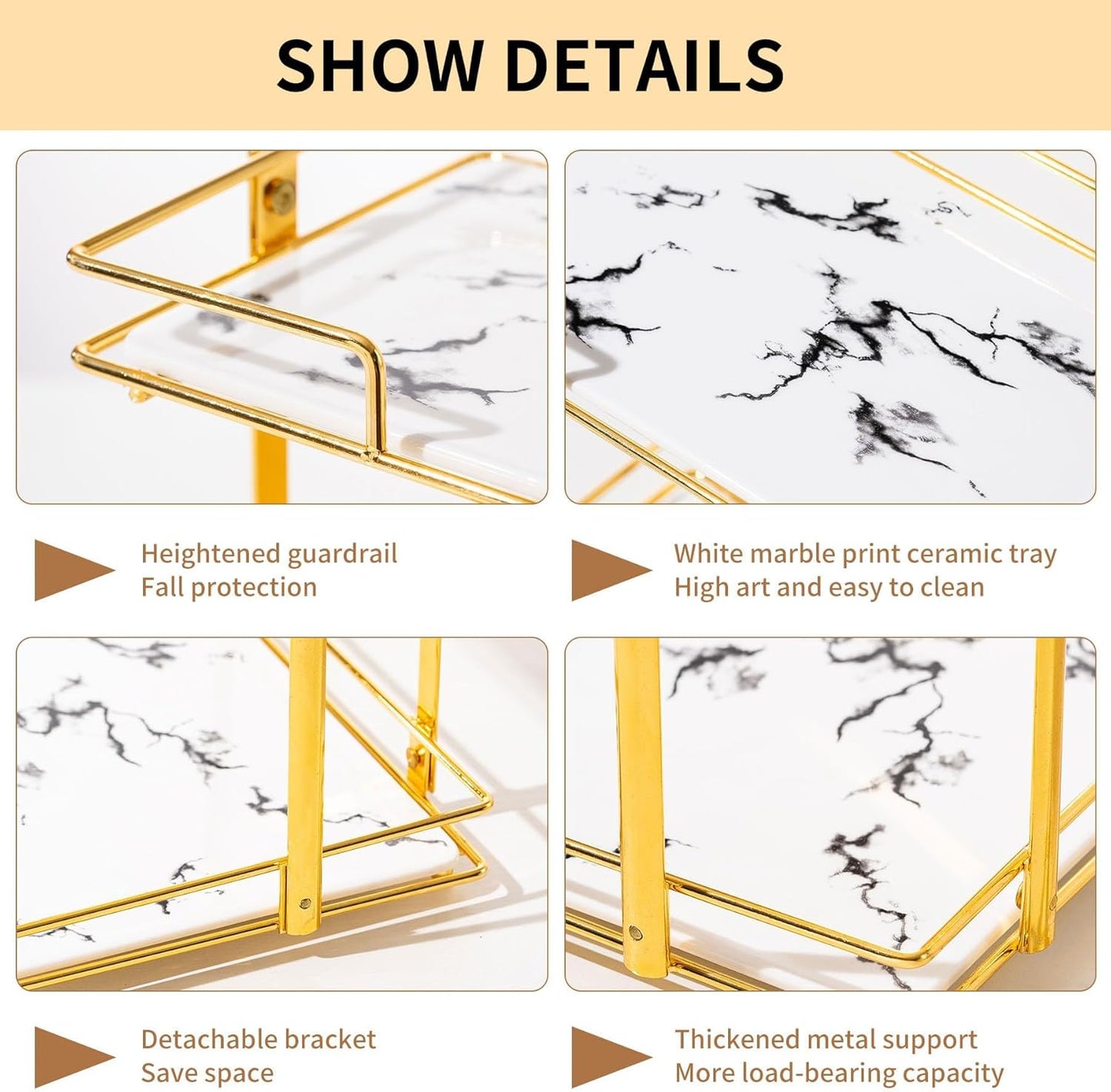 2 Tier Bathroom Cabinet Countertop Organizer Perfume Lipstick Makeup Organizer Cosmetics Storage Display Rack Vanity Tray Metal Dresser Storage Shelf White Marble Ceramic Tray Golden