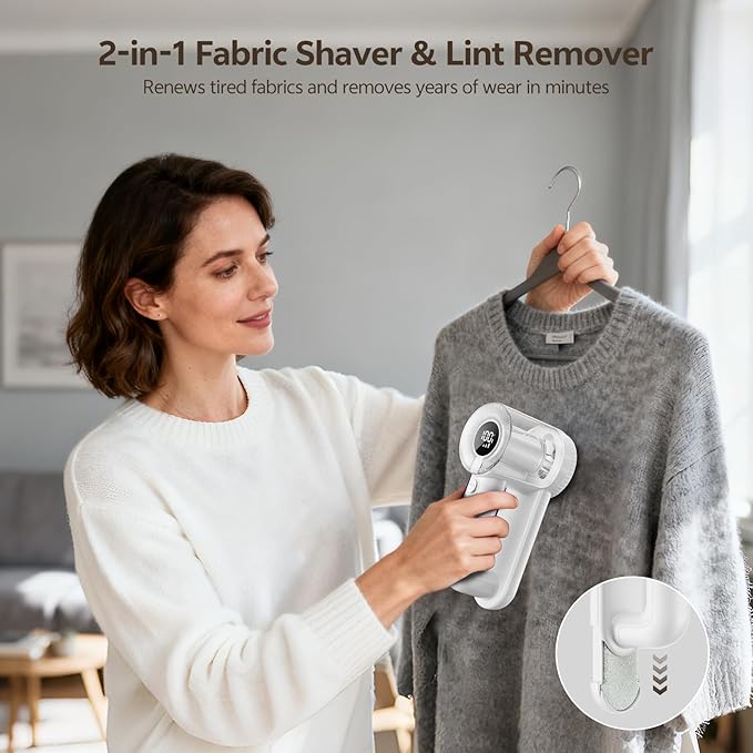 Rechargeable Fabric Shaver, 2-in-1 Lint Remover for Clothing, Furniture, Sweater with 6-Blade, 200ml Container, LED Display, 2000mAh USB-C, 3-Speed Lint Shaver Eliminates Fuzz & Pilling