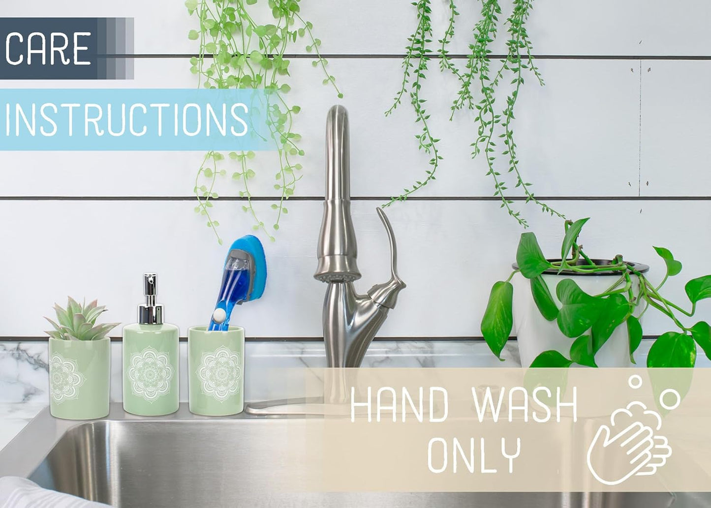 NAT & Jules Chic Modern Rounded 4.5 inch Ceramic Bathroom Accessories Set of 4 - Home Décor & Organization Perfect for Bath or Kitchen Household Essentials, Mandala Sage Green