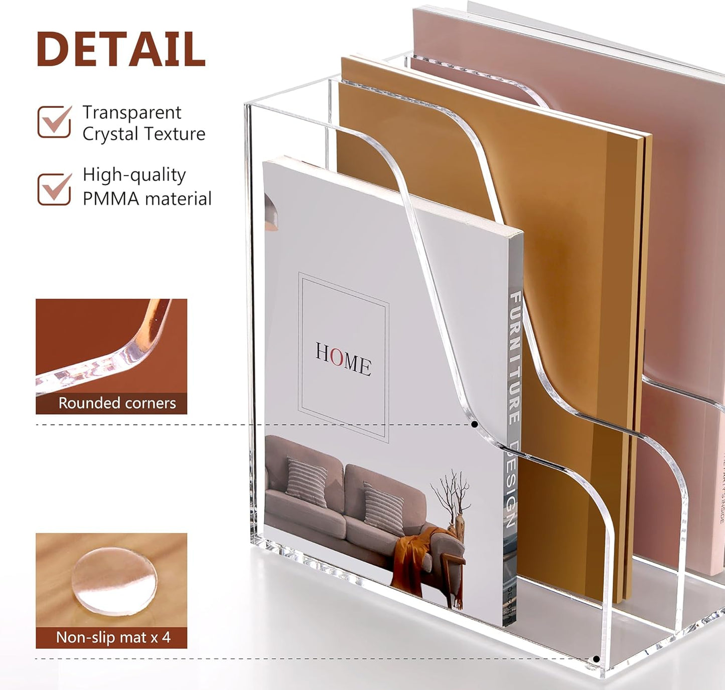 SANRUI Acrylic File Organizer, Compact Desk Organizer for Folders, Binders, Notebooks, Envelopes, Clear Magazine File Holder, 3 Section Bookshelf for School Home Office Organization, A4 Size