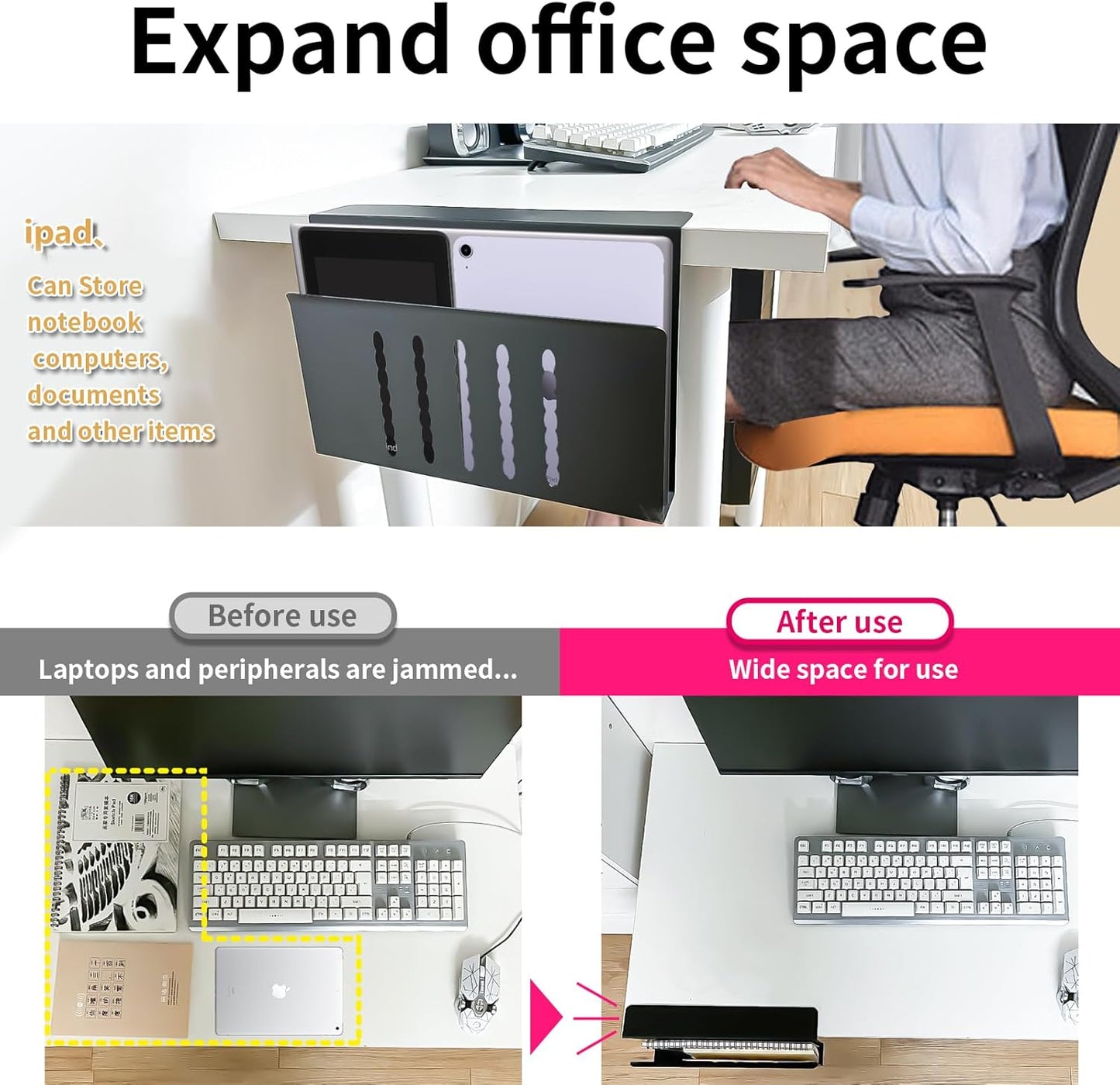 Desk Side Storage, Under Desk Storage, No Drill Steel Hanging Desk Organizer, Laptop Holder, Desk Storage Holder for Office & Home.(Black)