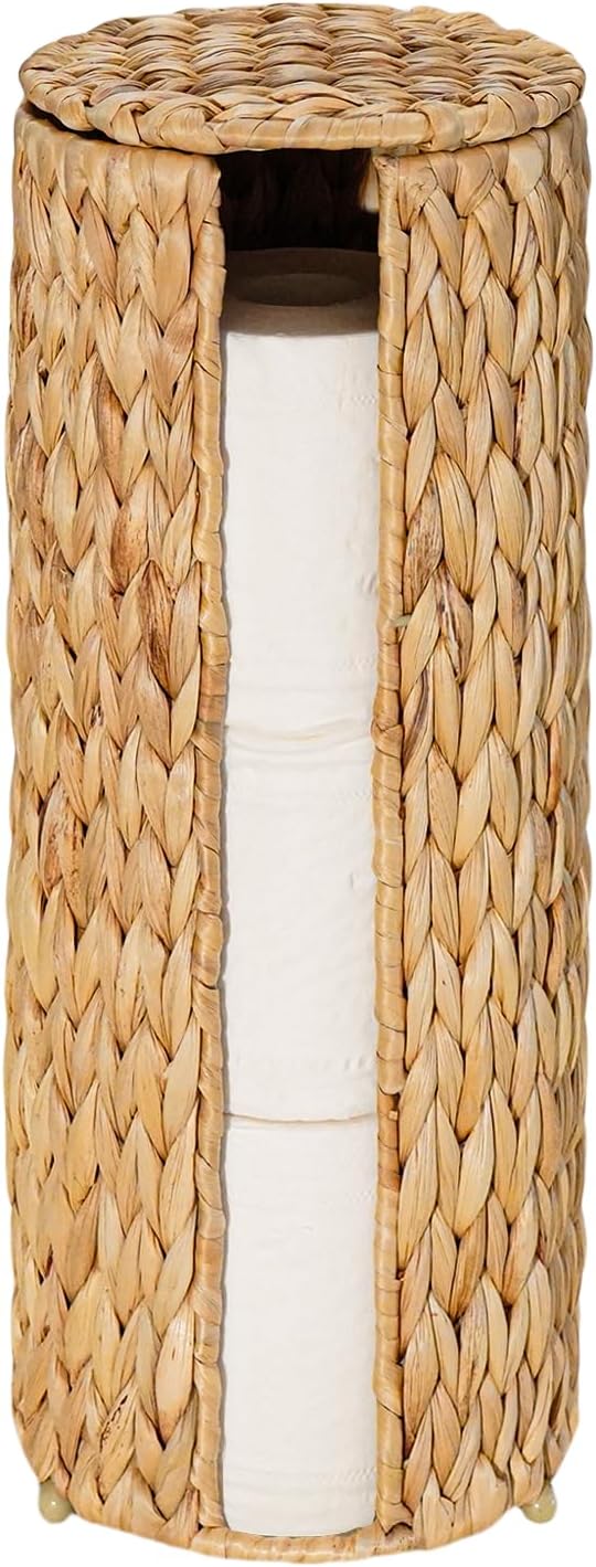 PINXIURY Water Hyacinth Paper Roll Holder, Wicker Toilet Paper Holder Stand for Bathroom, 3 Rolls of Toilet Paper Storage, Toilet Roll Holder Stand for Bathroom and Under Sink