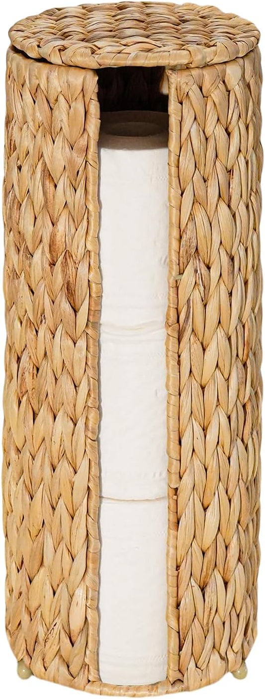 PINXIURY Water Hyacinth Paper Roll Holder, Wicker Toilet Paper Holder Stand for Bathroom, 3 Rolls of Toilet Paper Storage, Toilet Roll Holder Stand for Bathroom and Under Sink