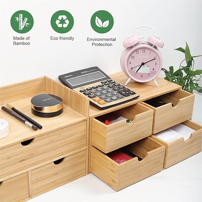 Bamboo Desk Organizer with 4 Drawers – Countertop Storage Box for Makeup, Office Supplies, and Home Essentials – Stylish Tabletop Organizer for Workspace or Bathroom