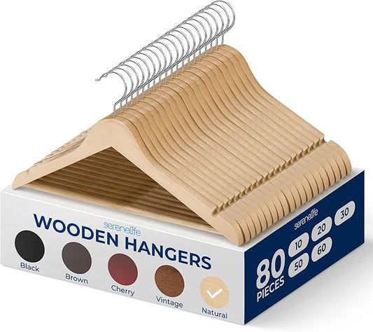 SereneLife 80-Piece Solid Wooden Hangers Set for Clothes – Heavy Duty Suit Coat Pant Dress Hangers with Chrome 360-Degree Swivel Hook and Notches Design for Organized Closets Natural Color