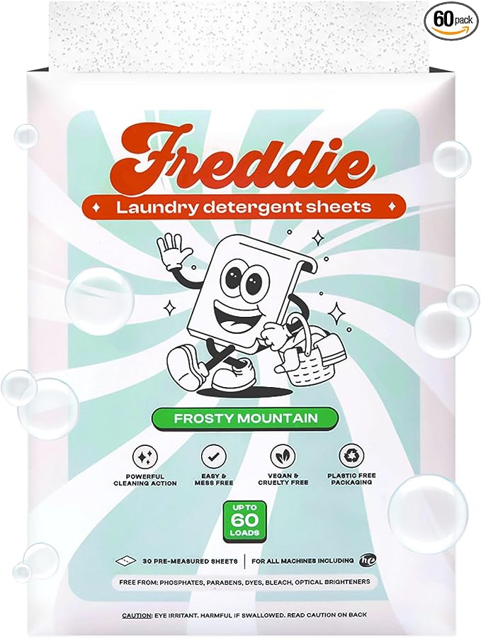 Freddie Laundry Detergent Sheets - Recyclable Packaging - No Mess Strips - 60 Loads - Crisp Frosty Mountain Scent