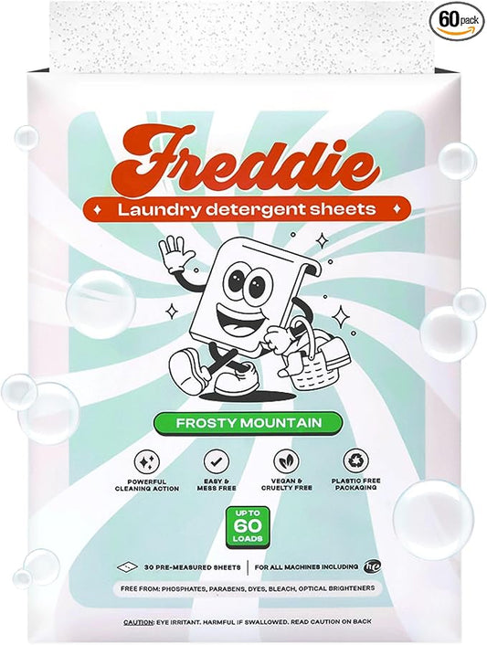 Freddie Laundry Detergent Sheets - Recyclable Packaging - No Mess Strips - 60 Loads - Crisp Frosty Mountain Scent