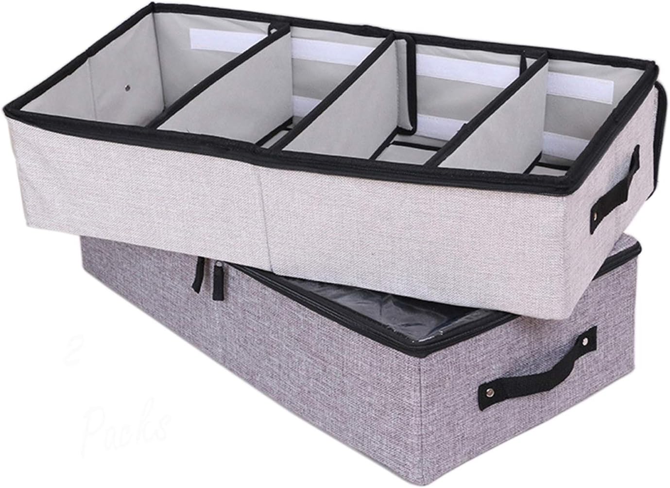 AARAINBOW 2 Packs Foldable Under Bed Clothes Organizer with Lids, Underbed Storage Container with Adjustable Dividers, UnderBed Storage Bins with Handles and Clear Window (Gray+Light Gray)