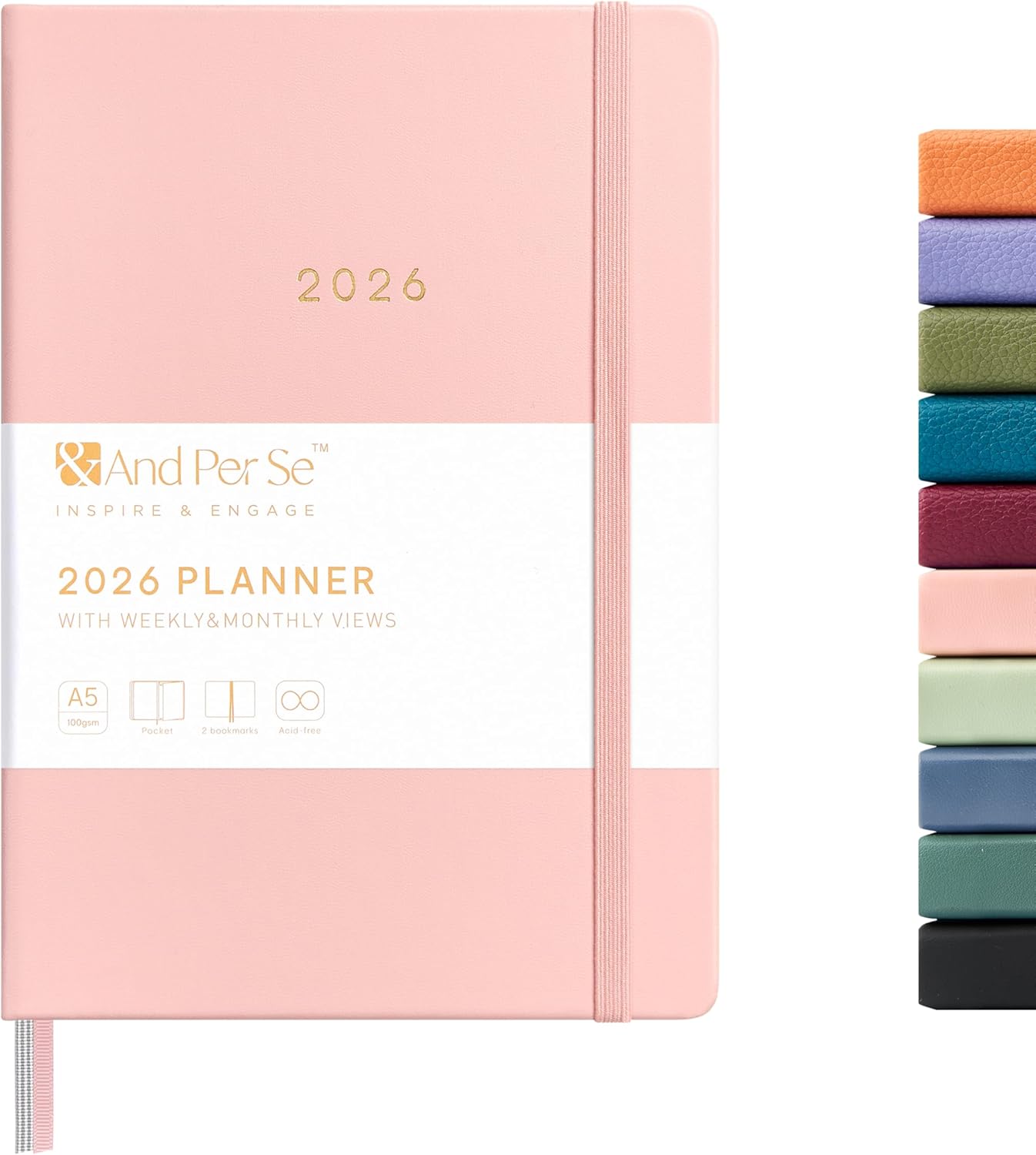 And Per Se 2026 Planner-Daily, Weekly & Monthly Leather Hardcover Planner, 5.7" x 8", Daily Schedule, Monthly Tabs, 100 GSM Thick Paper, Back Pocket(Pink)