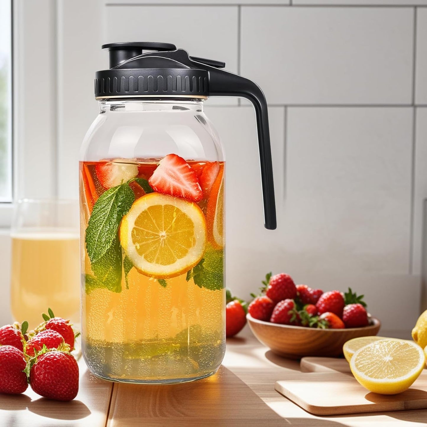 3 Pack 64oz Glass Mason Jar Pitcher with Airtight Lid and Handle – Wide Mouth, Leak-Proof, Ideal for Sun Tea, Cold Brew, Lemonade, Iced Coffee, Milk, and Water (Black)