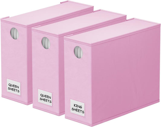 SpaceAid 3 Pack Bed Sheet Organizers and Storage, Foldable Sheet Organizer for Linen Closet, Set Folder Keeper with Window XL (Queen & King Size) Bedding Container (Pink, 3 Pack)