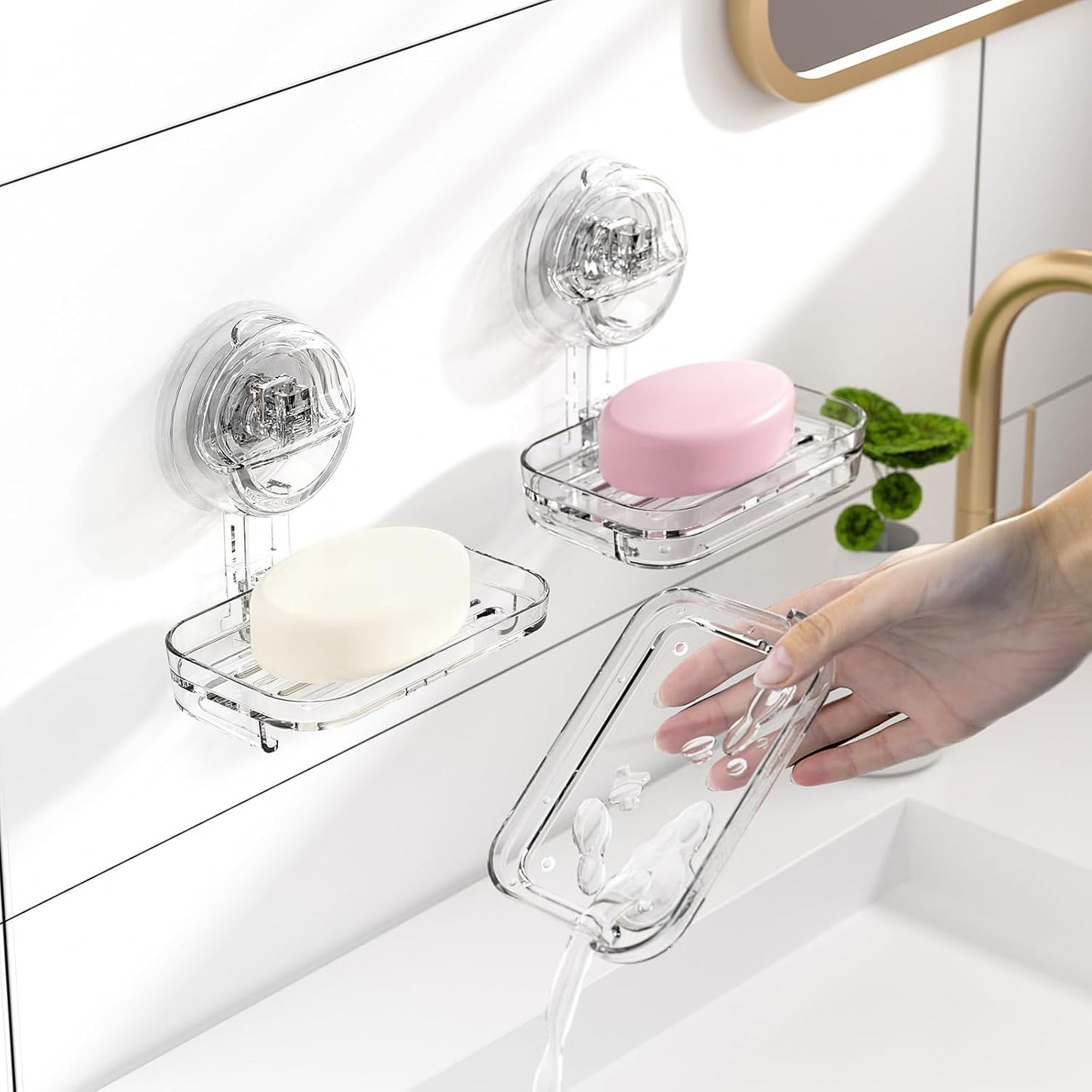 Soap Dish for Shower Clear Acrylic Soap Holder with Self-Draining Design No Drilling Required Strong Fixation for RV Bathroom and Kitchen Easy to Clean and Space Saving (Suction Cup)