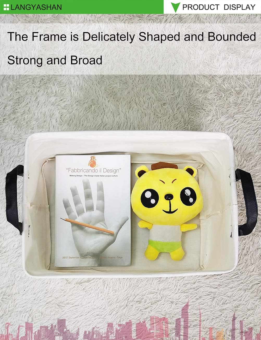 LANGYASHAN Rectangular Storage Bin Collapse Canvas Fabric Cartoon Storage Basket with Handles for Organizing Home Kitchen Boys and Girls Toys Office Closet Shelf Baskets (REC Elephant)