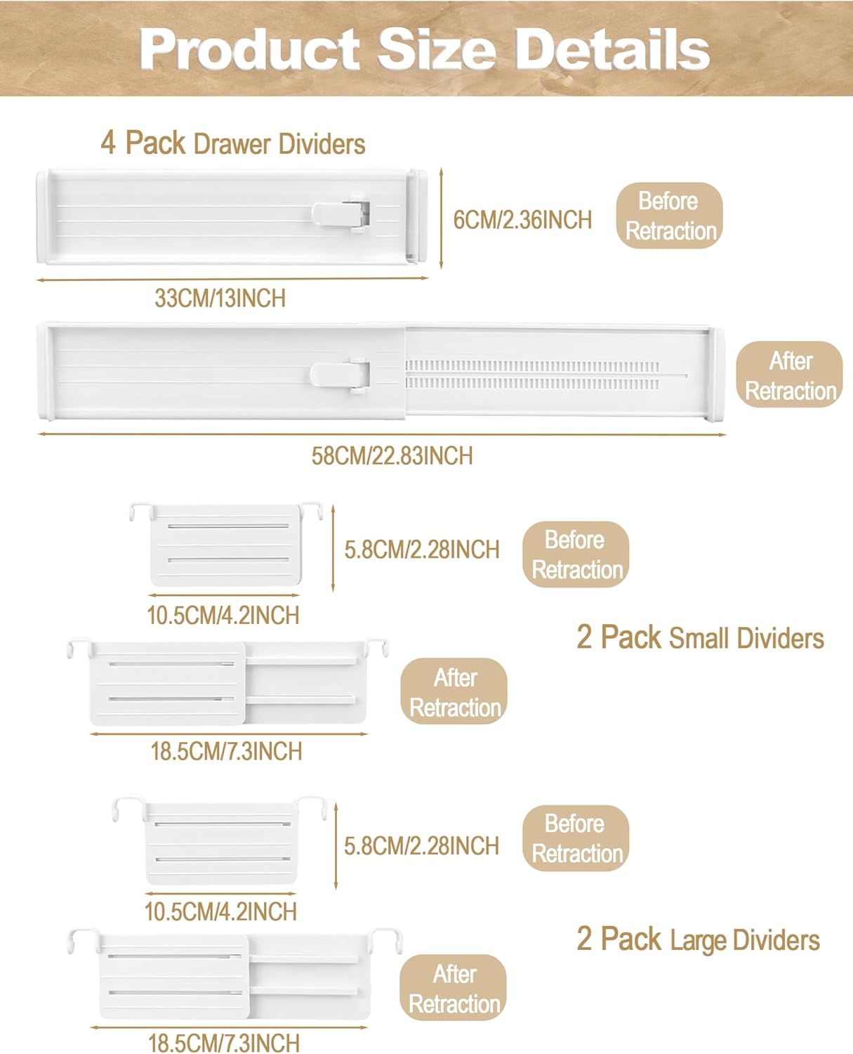 CeeVian Adjustable Drawer Organizers Set 8 Piece ABS Plastic Dividers with EVA Padding Splitter Plastic Drawers Separators for Wardrobes, Kitchen, Office & Bathroom Storage(White)