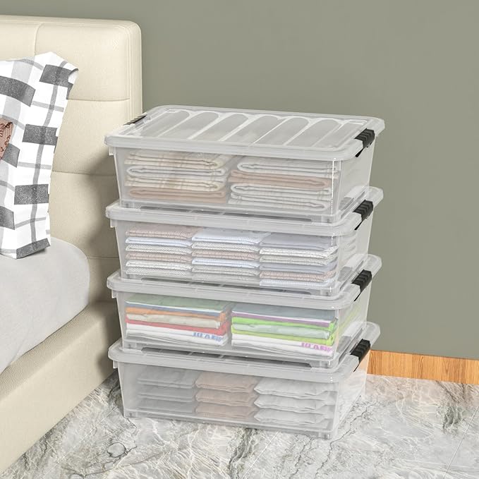 25 Quart Clear Under Bed Storage Container with Wheels, 4 Packs Stackable Plastic Underbed Bin with Lid