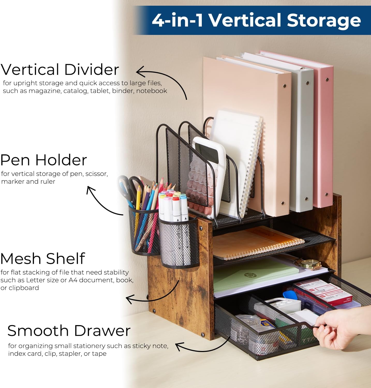 Y YOMA Mesh Desk Organizer with Drawer, 4-Tier Wood Desktop Organizer with 5 Vertical File Holders and 2 Pen Holders Office Desk Accessories for Home Dorm Classroom
